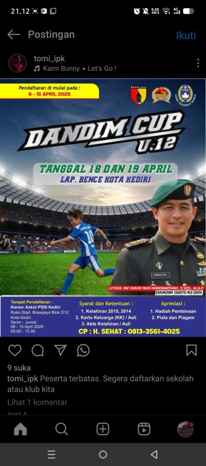 Dorong Pembinaan Atlet Sejak Dini, Askot PSSI Kediri Kolaborasi dengan Dandim 0809 Kediri Gelar Turnamen Sepak Bola Usia Dini